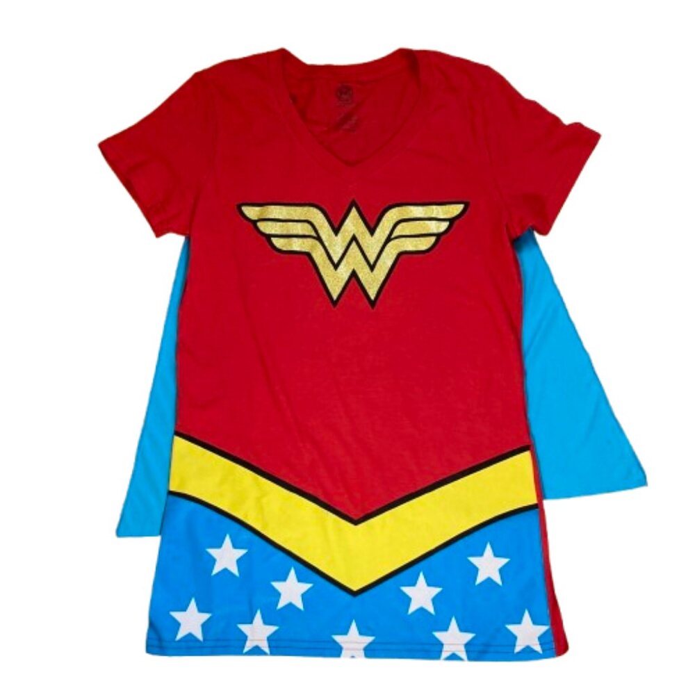 Wonder Woman Girls Top w Cape, SS Glittery Gold W Cosplay DC Comics, sz Large